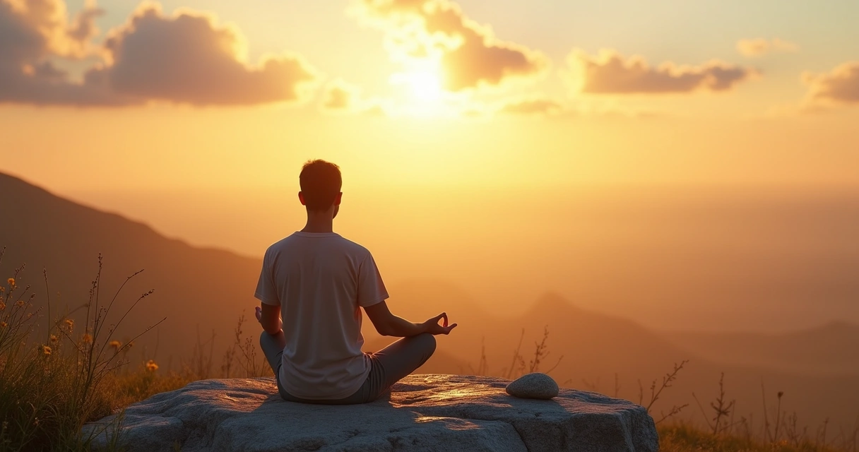 Pessoa em meditação em ambiente natural com símbolos religiosos ao fundo desfocados 