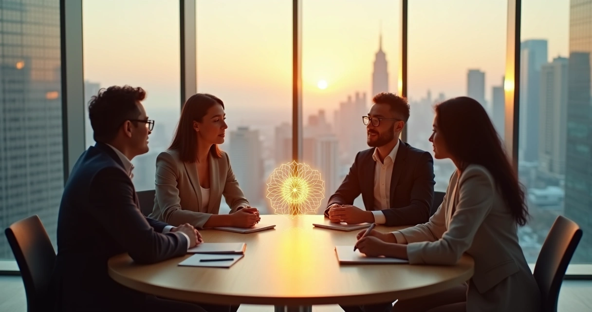 Executivos em reunião com símbolo sutil de conexão e luz no centro da mesa 