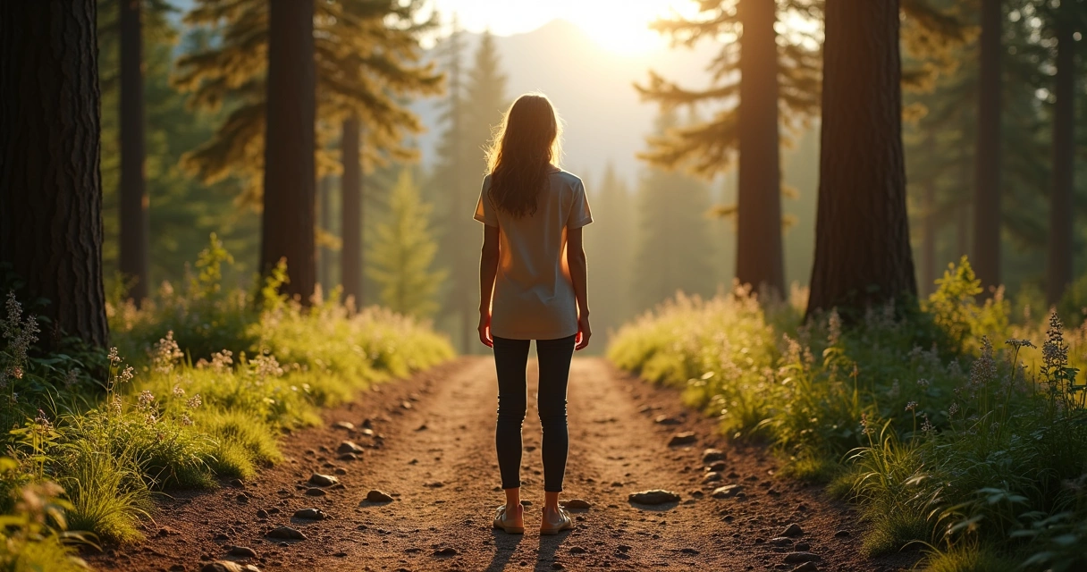 Pessoa caminhando em trilha dividida fazendo escolha tranquila na natureza 