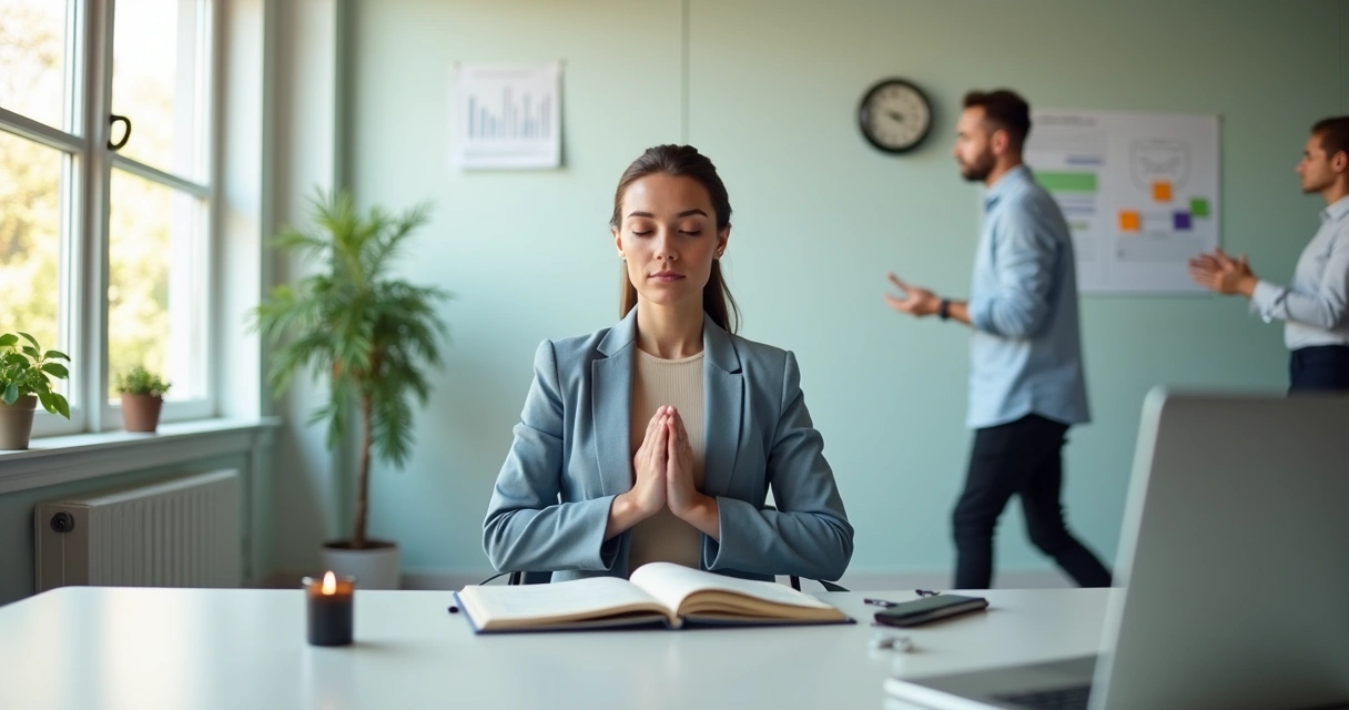 Profissional em escritório moderno meditando brevemente diante do laptop 