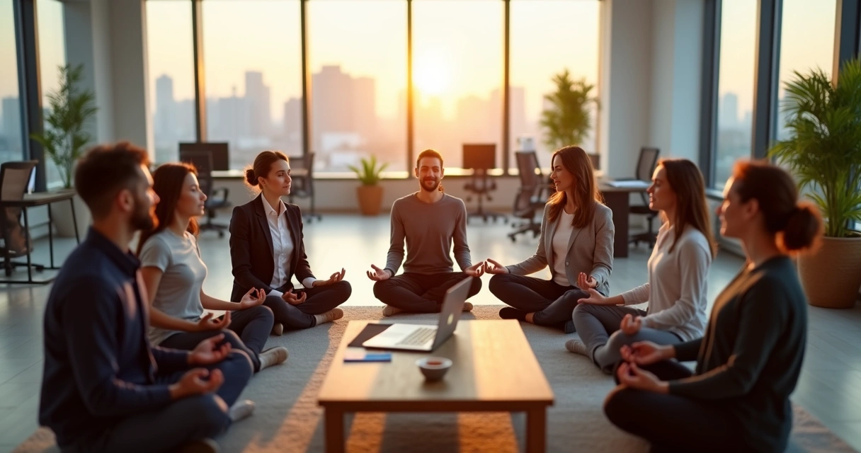 Profissionais em escritório moderno meditando em volta de mesa de trabalho 