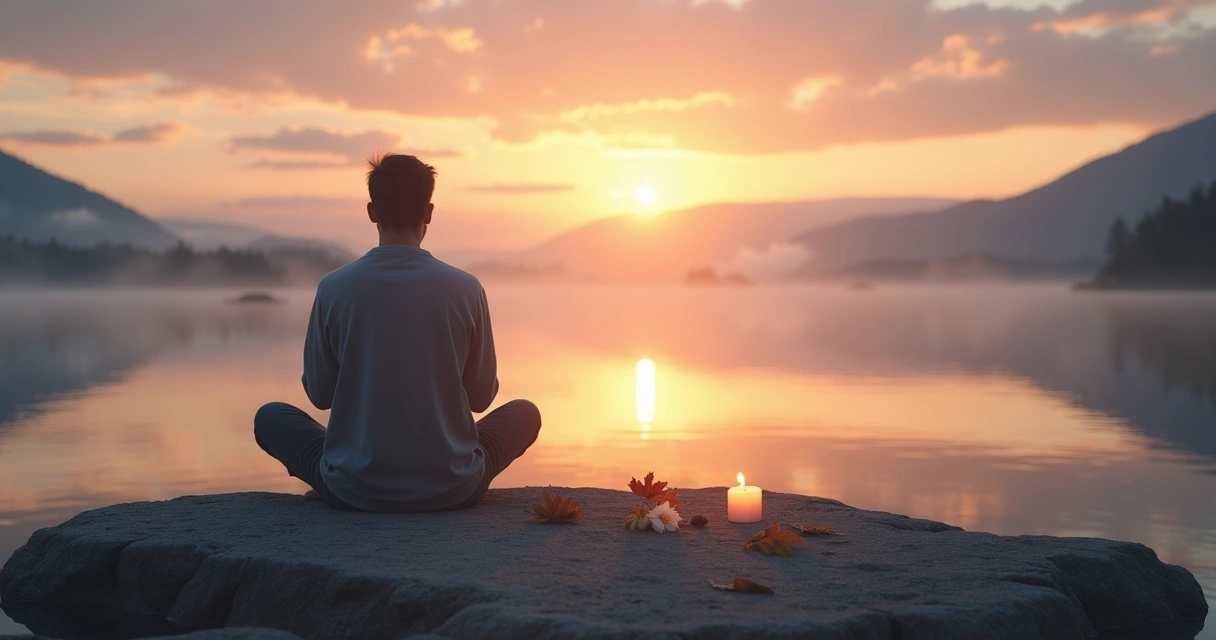 Pessoa sentada perto de uma vela acesa em paisagem natural ao pôr do sol, em momento de reflexão no luto 