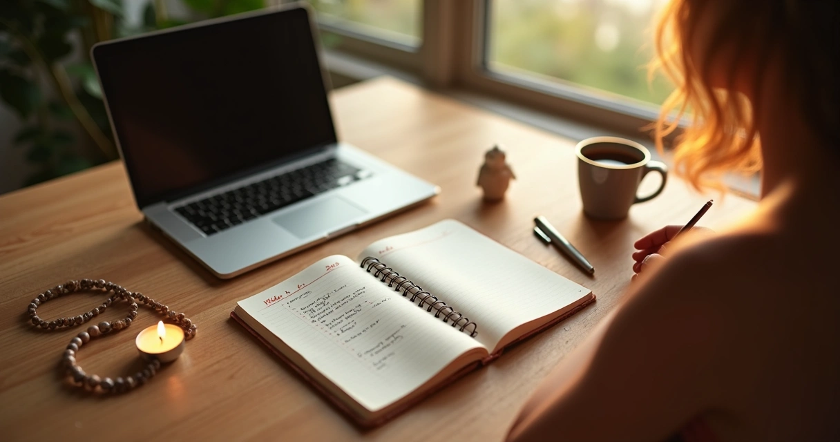 Pessoa escrevendo metas em caderno com elementos de espiritualidade prática 