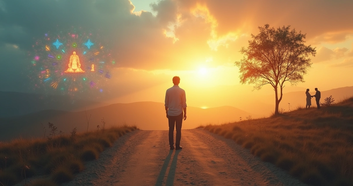 Pessoa em encruzilhada entre espiritualidade confusa e caminho claro de consciência 