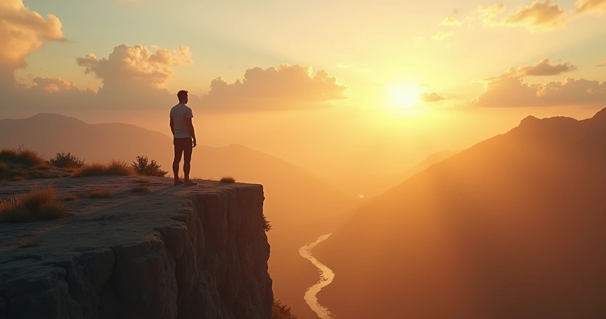 Pessoa em pé à beira de um penhasco ao nascer do sol refletindo sobre mudanças interiores 