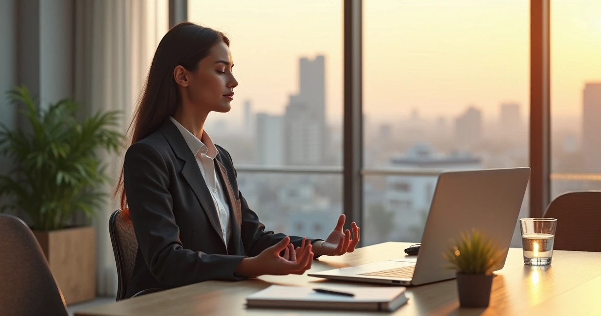 Profissional em mesa de trabalho meditando diante de janela com cidade ao fundo 