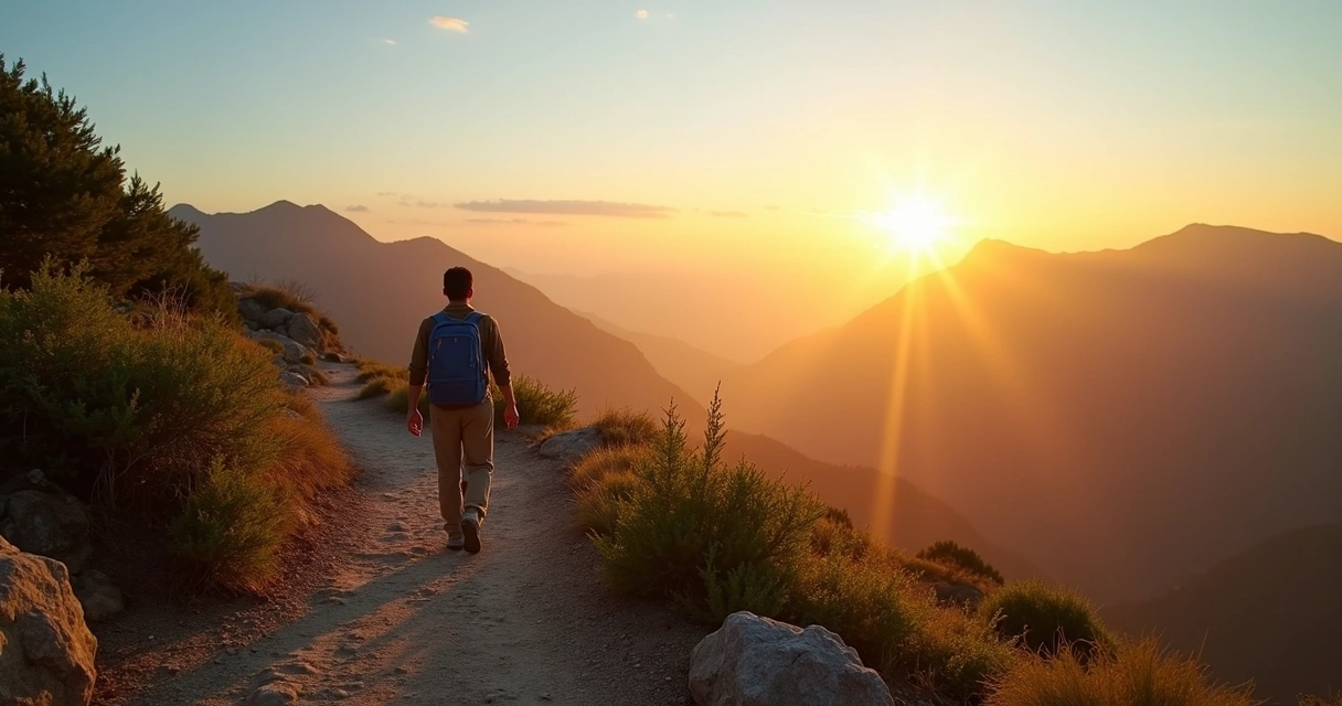 Pessoa caminhando em trilha de montanha ao nascer do sol com luz formando símbolo de conexão entre céu e terra 