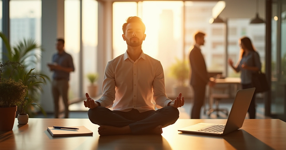 Profissional sentado em mesa de escritório meditando com mãos em posição de oração diante de notebook 