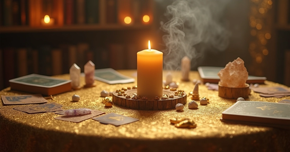 Mesa com vela acesa cercada por objetos místicos dourados 