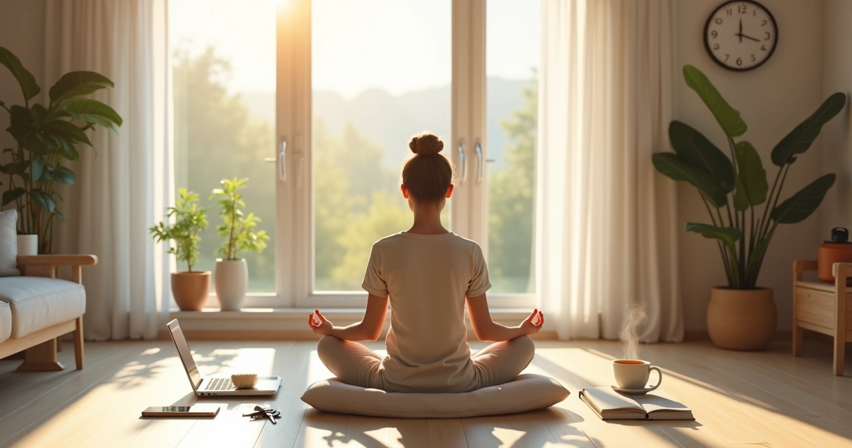 Pessoa em meditação silenciosa com elementos de rotina diária ao redor 