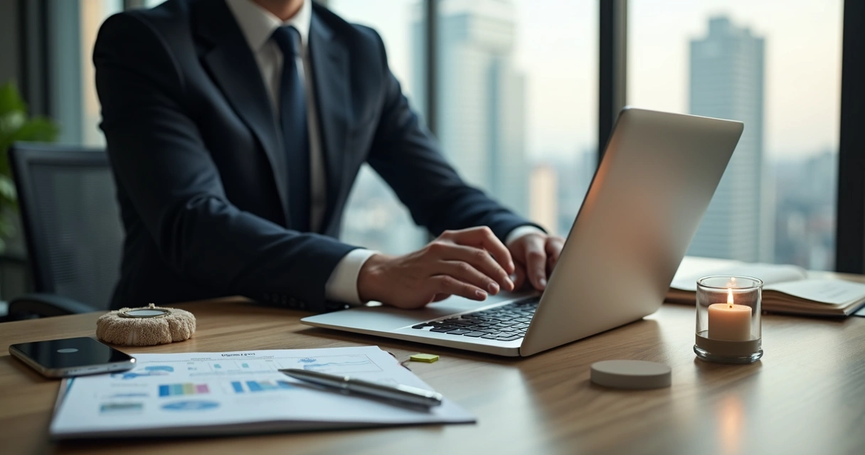 Executivo dividindo atenção entre laptop e objeto espiritual sobre a mesa 