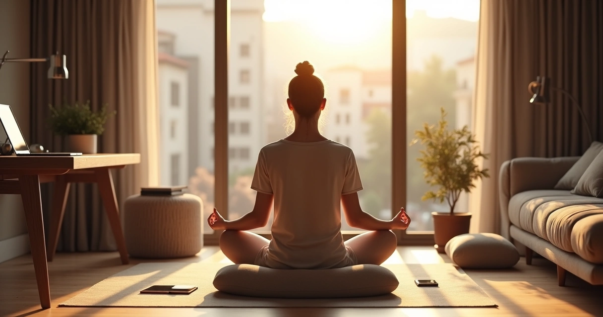 Pessoa meditando em sala moderna com elementos de trabalho e natureza integrados 