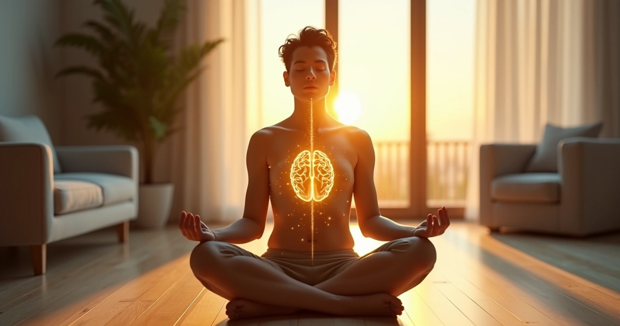 Pessoa em meditação com cérebro e coração conectados por luz 