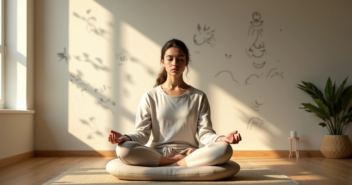 Pessoa meditando em sala iluminada com sombras turbulentas ao fundo 