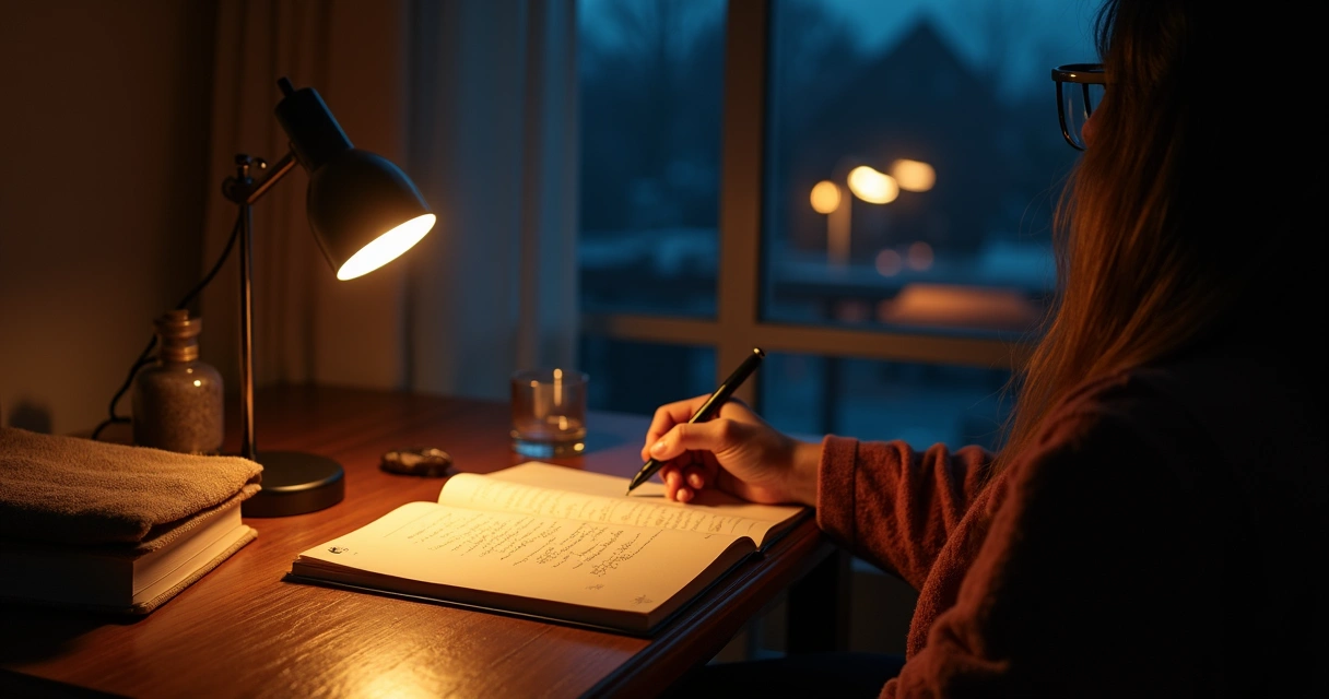 Pessoa escrevendo em caderno iluminado em sala com contrastes de luz e sombra 