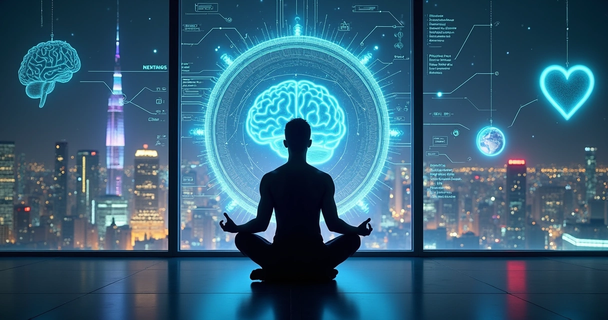 Pessoa meditando em frente a hologramas de tecnologia futurista 