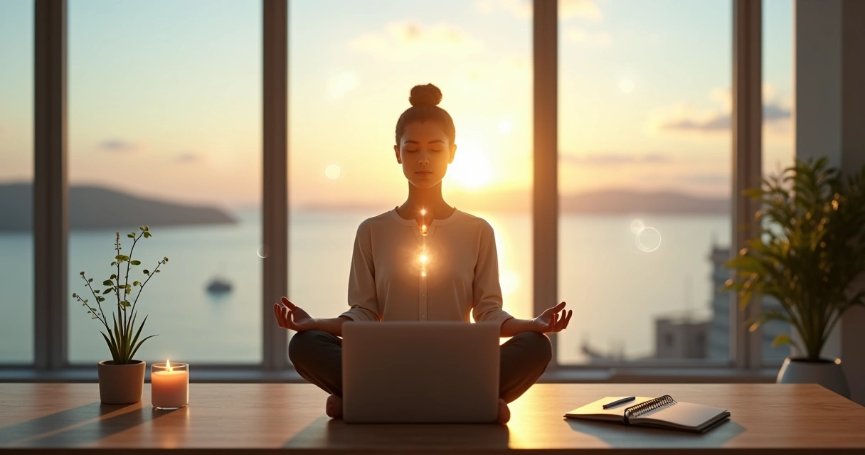 Pessoa em posição de meditação integrando mente emoção e propósito em ambiente de trabalho moderno 