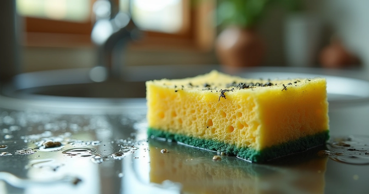 Esponja de cozinha úmida e suja em cima da pia 