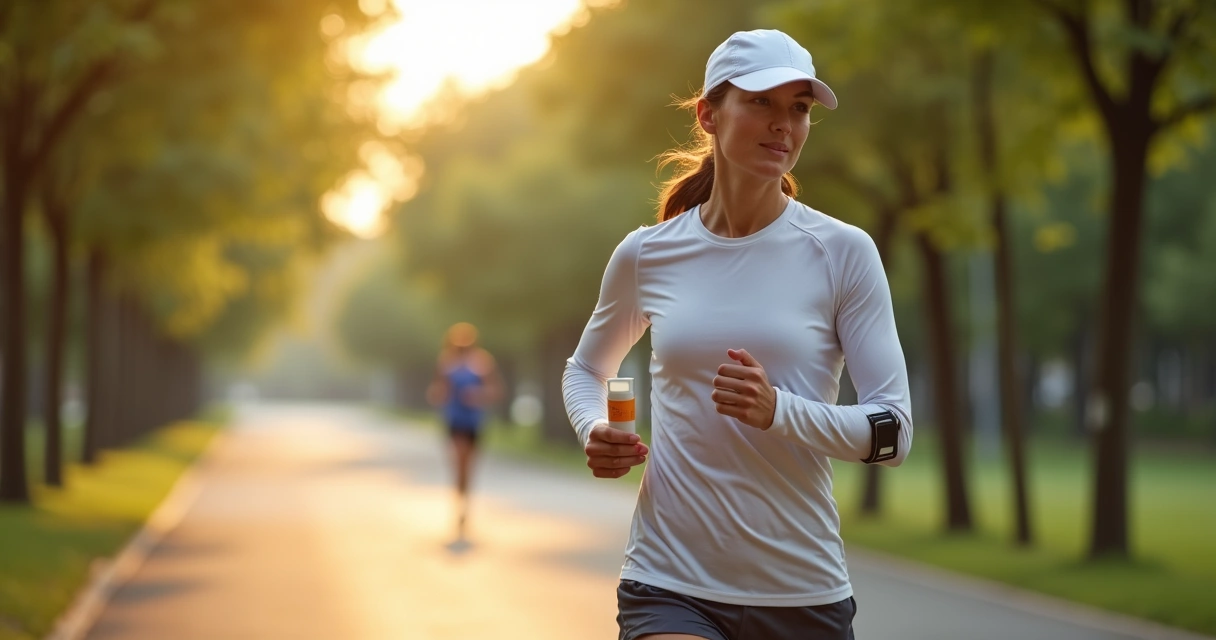 Pessoa com vitiligo praticando corrida ao ar livre com proteção solar e roupas esportivas leves 