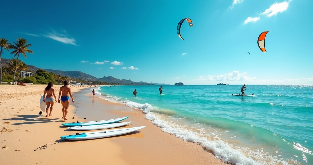 Pranchas e pessoas praticando esportes aquáticos na praia de Jurerê em dia ensolarado 