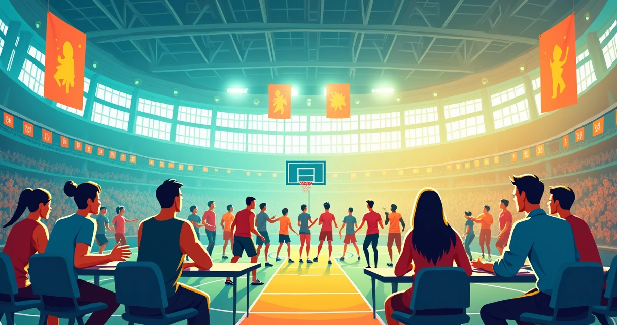 Ilustração de um espaço esportivo com atletas e empreendedores colaborando em equipe, simbolizando dedicação e resiliência.