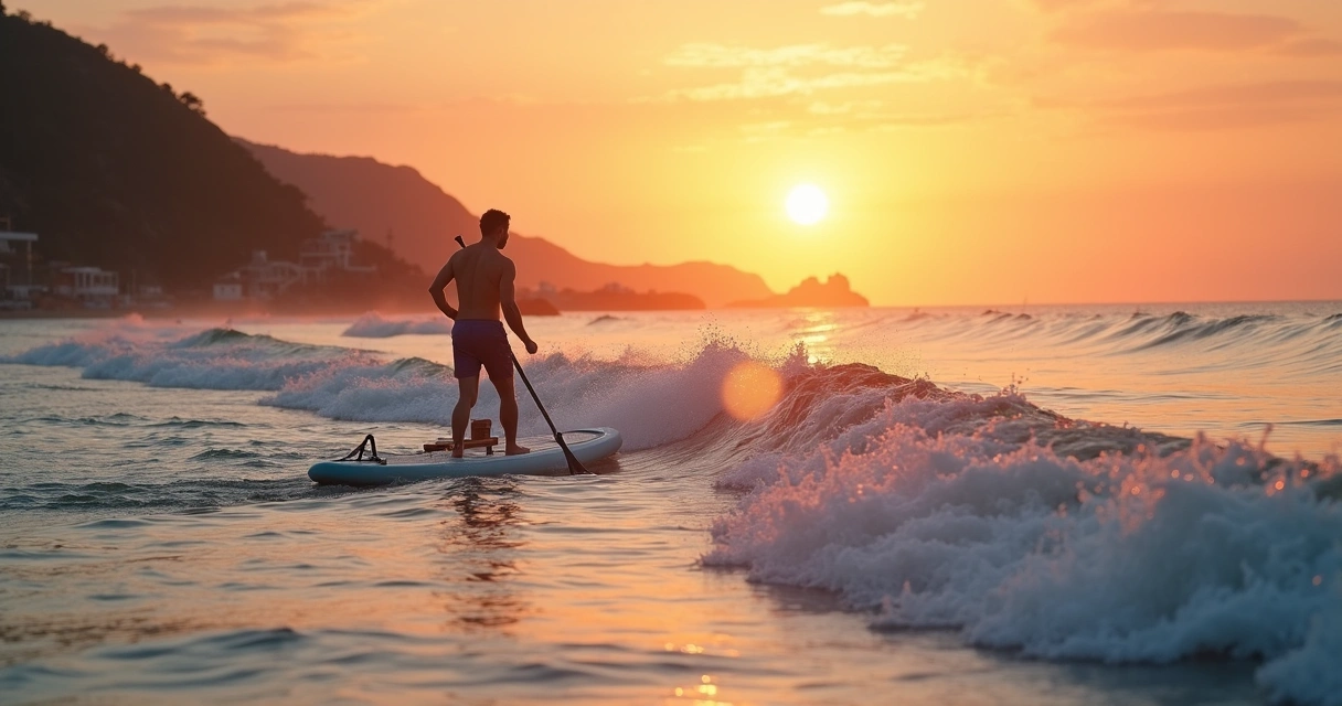 Pessoa praticando stand up paddle no mar calmo ao amanhecer 