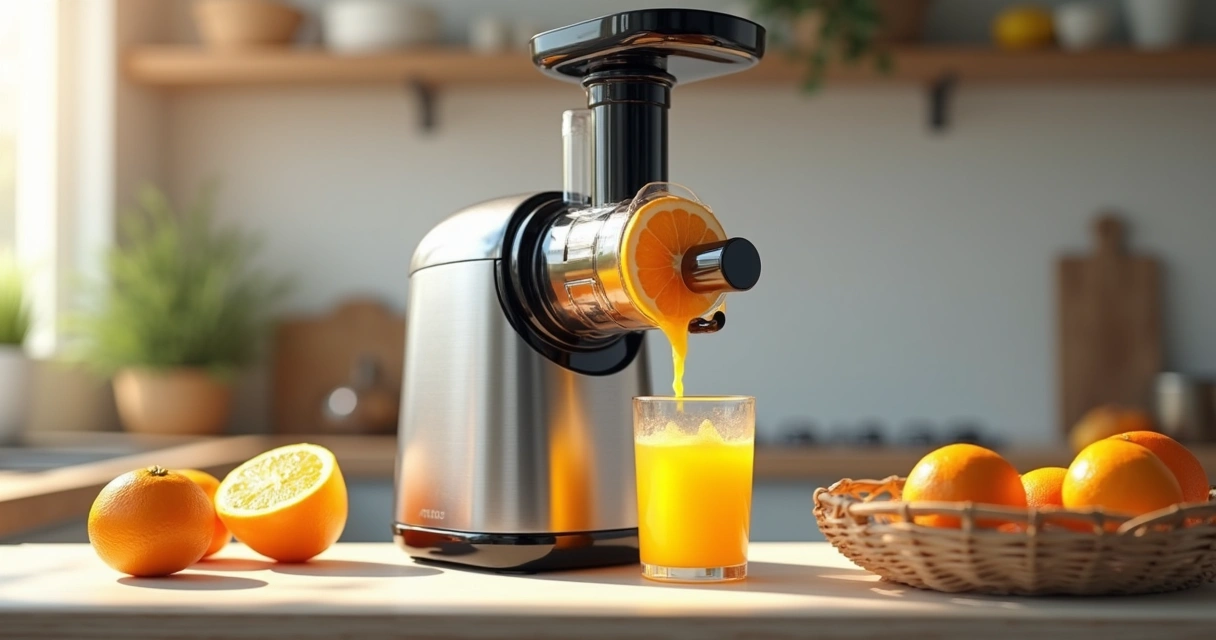 Espremedor elétrico de frutas na cozinha com copo de suco 