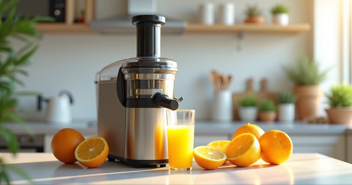 Espremedor de frutas na mesa de cozinha próximo a copo de suco e frutas cortadas. 