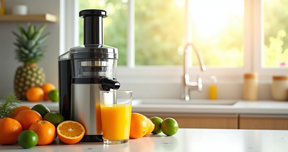 Espremedor de frutas elétrico potente ao lado de frutas variadas 