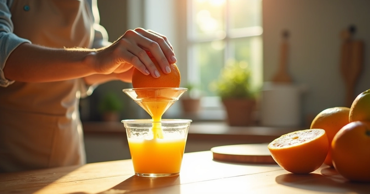 Espremedor manual de frutas em uso sobre bancada 