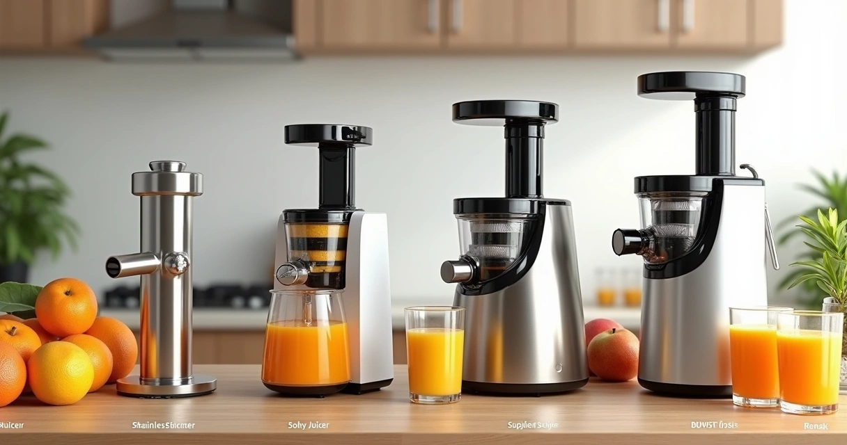 Vários espremedores de frutas em estilos diferentes em uma bancada 