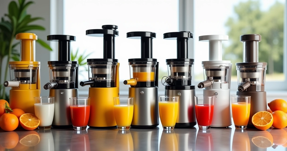 Espremedores de frutas de diferentes modelos e marcas lado a lado. 
