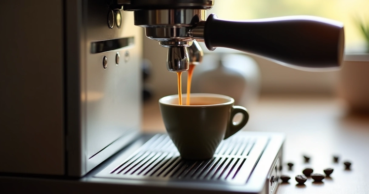 Xícara de espresso sobre balança na bandeja rebaixada da máquina 