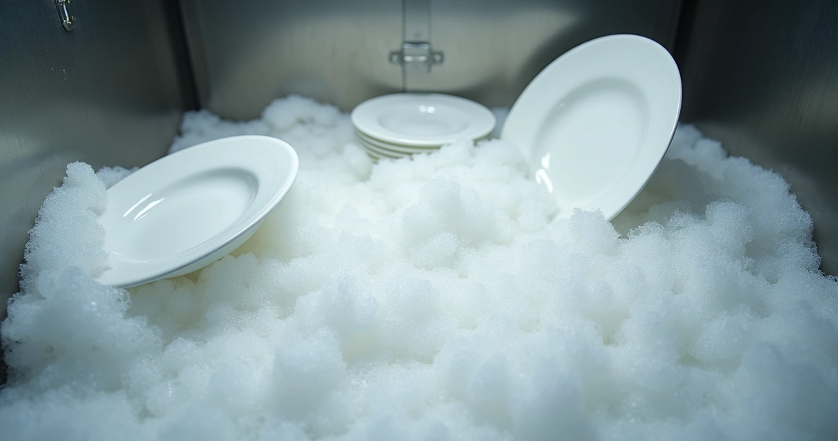 Visão interna da lava-louças mostrando excesso de espuma 