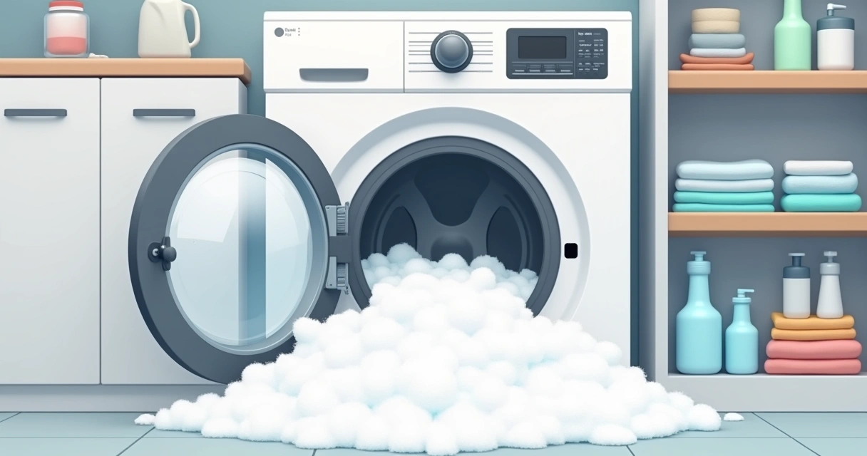 Espuma transbordando da máquina de lavar roupa 