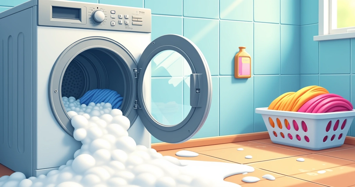 Espuma saindo de máquina de lavar aberta 