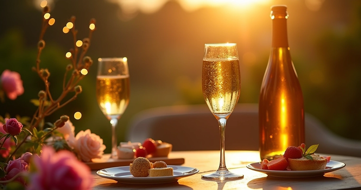 Cena de espumante Moscatel com fatias de frutas, torta e queijos em mesa de madeira e flores ao fundo.