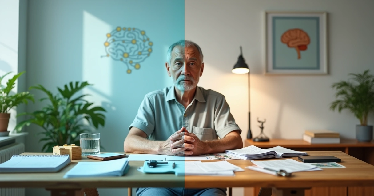 Adulto em sala com mesa meio organizada e meio bagunçada simbolizando esquecimentos frequentes 