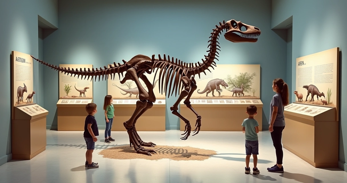 Esqueleto do APEX dinossauro em um museu, cercado por painéis educativos e visitado por curiosos.