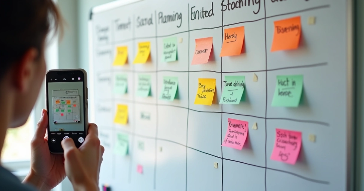 Quadro branco com planejamento de temas para posts semanais no LinkedIn 