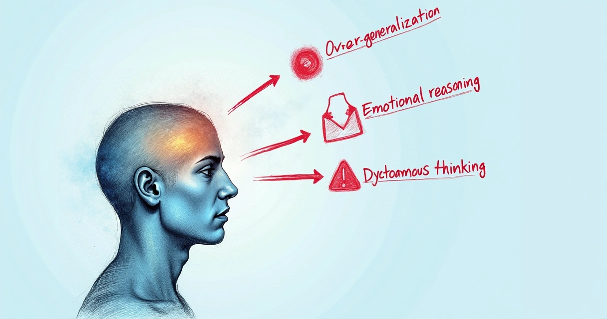 Fluxograma simples mostrando o caminho de um pensamento que cai em armadilhas cognitivas 