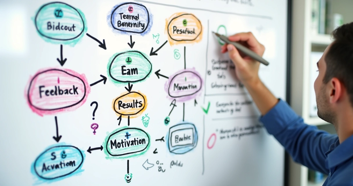 Esquema visual de autogestão em equipe com setas e indicadores