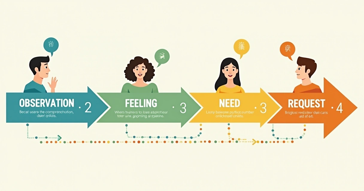 Esquema didático representando etapas da comunicação não violenta com setas e pessoas conversando 