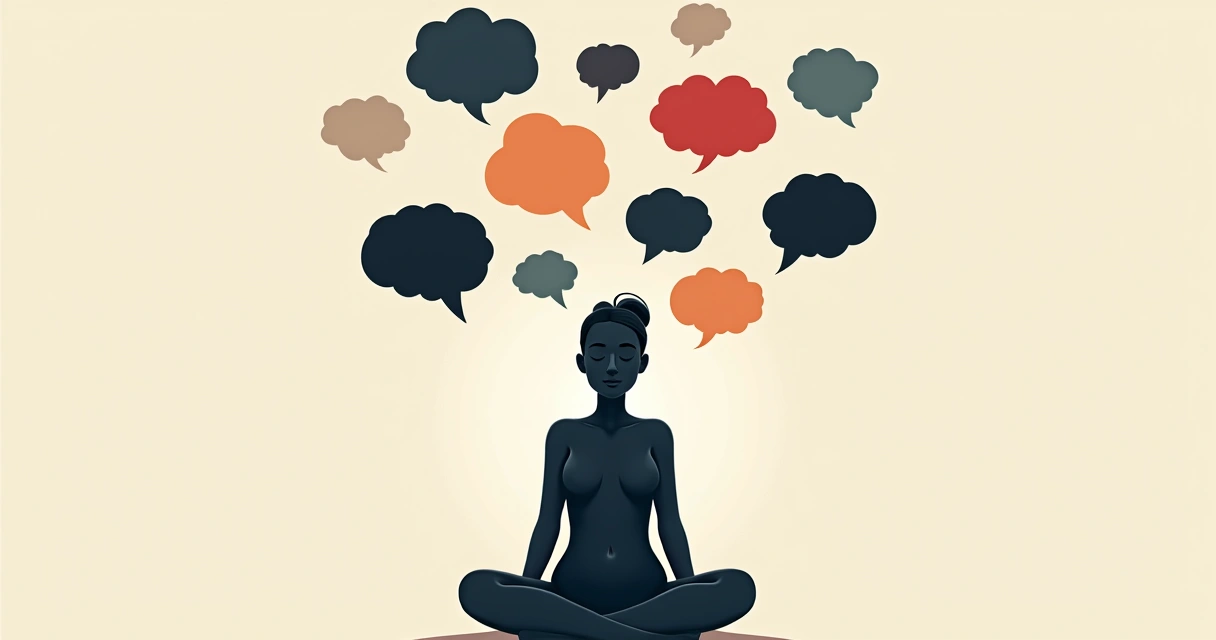 Esquema ilustrando diálogo interno com balões de pensamento de diferentes cores