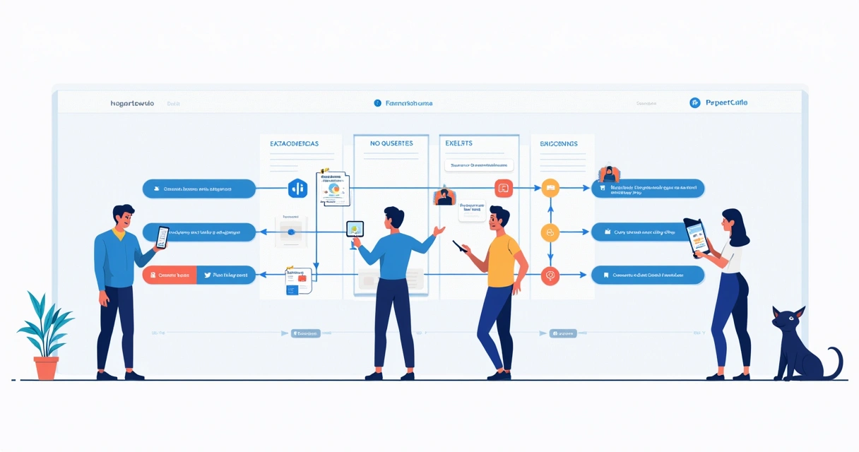 Diagrama de fluxo de trabalho ilustrando integração entre áreas de negócio, design, desenvolvimento no-code e IA em projeto 