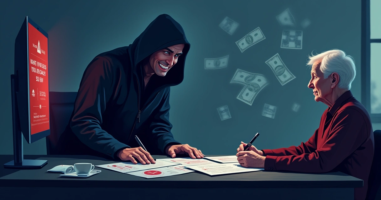 Ilustração de um esquema fraudulento visando aposentados, um golpista enganando um idoso confuso.