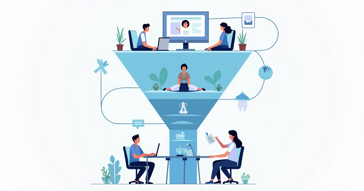 Esquema ilustrado do funil de captação de pacientes para odontologia 