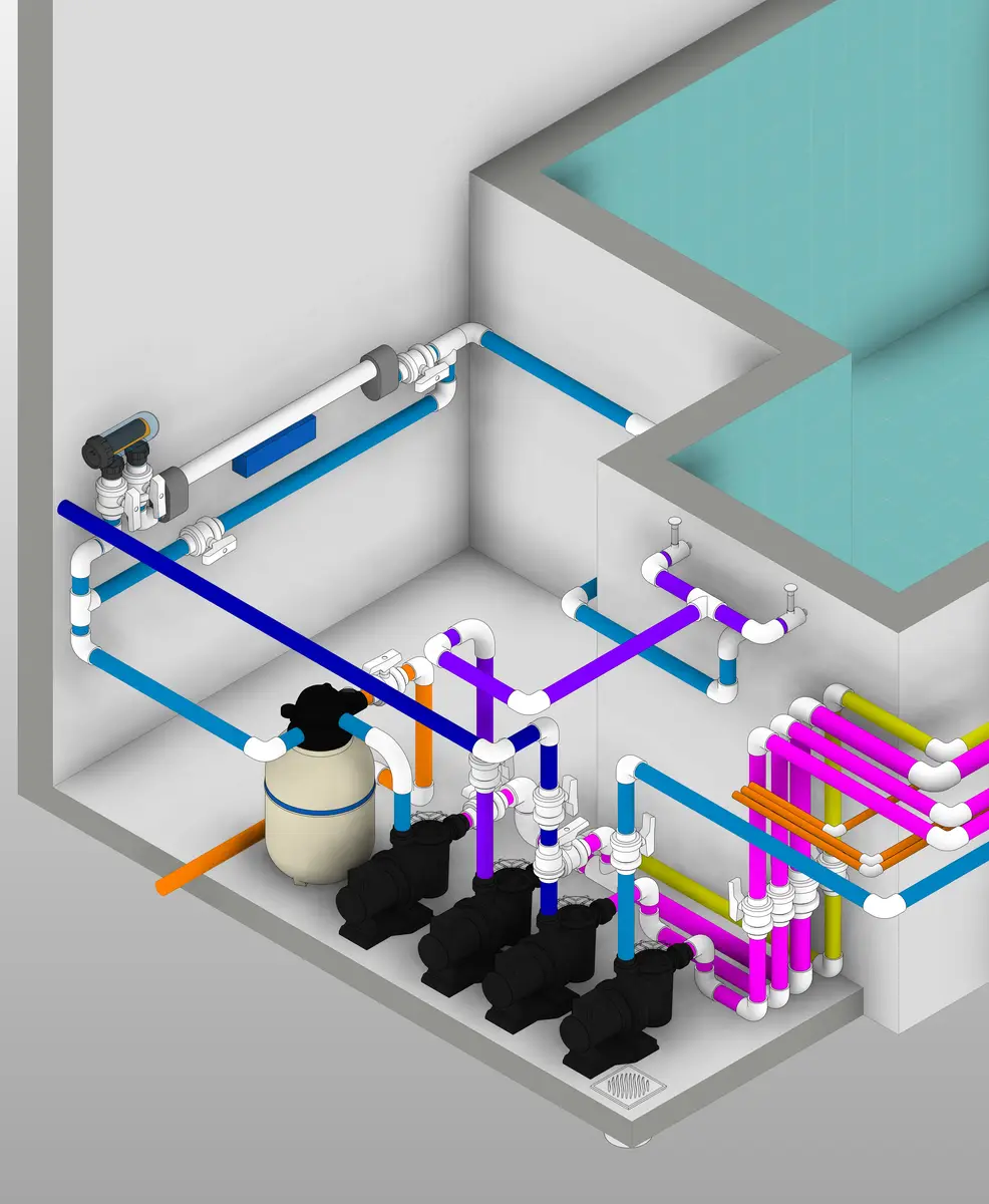 Esquema 3D de instalação hidráulica para piscina com bombas, filtros e tubulações coloridas