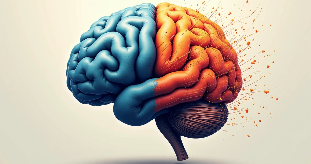 Dibujo de cerebro dividido mostrando lado intuitivo tranquilo y lado caótico de pensamientos automáticos 