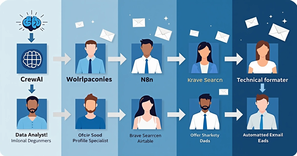 Esquema de automação de vendas com IA, CrewAI, n8n e dados integrados 